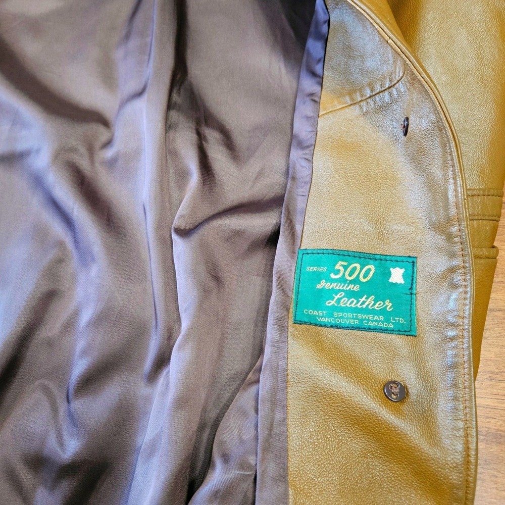 Vintage 70s Genuine Leather Trench Coat Caramel Brown Coast Sportswear Canada - Picture 4 of 6